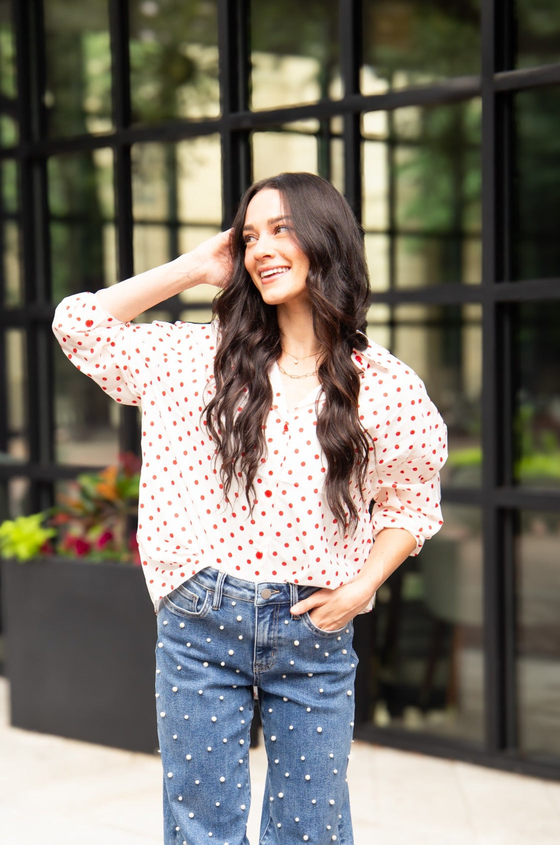 Classic Button Up Shirt - White With Red Polka Dots