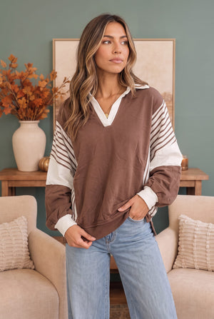 Back to School Color Block Pullover in Mocha