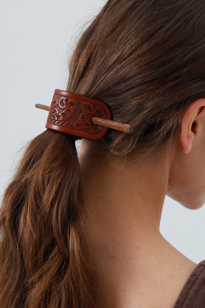 Western Tooled Leather Hair Stick – Cowgirl Styling Accent 🌵🐴