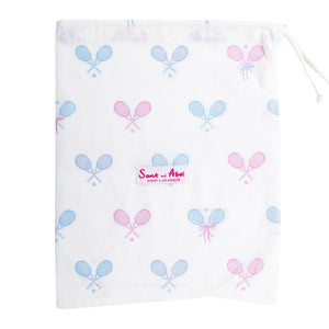 Women's Tennis Bows Long PJ Set - Blue Pink Organic Cotton Poplin