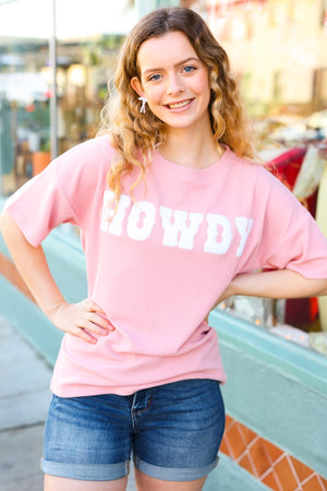Pink Pop-Up Embroidered "HOWDY" Ribbed Top