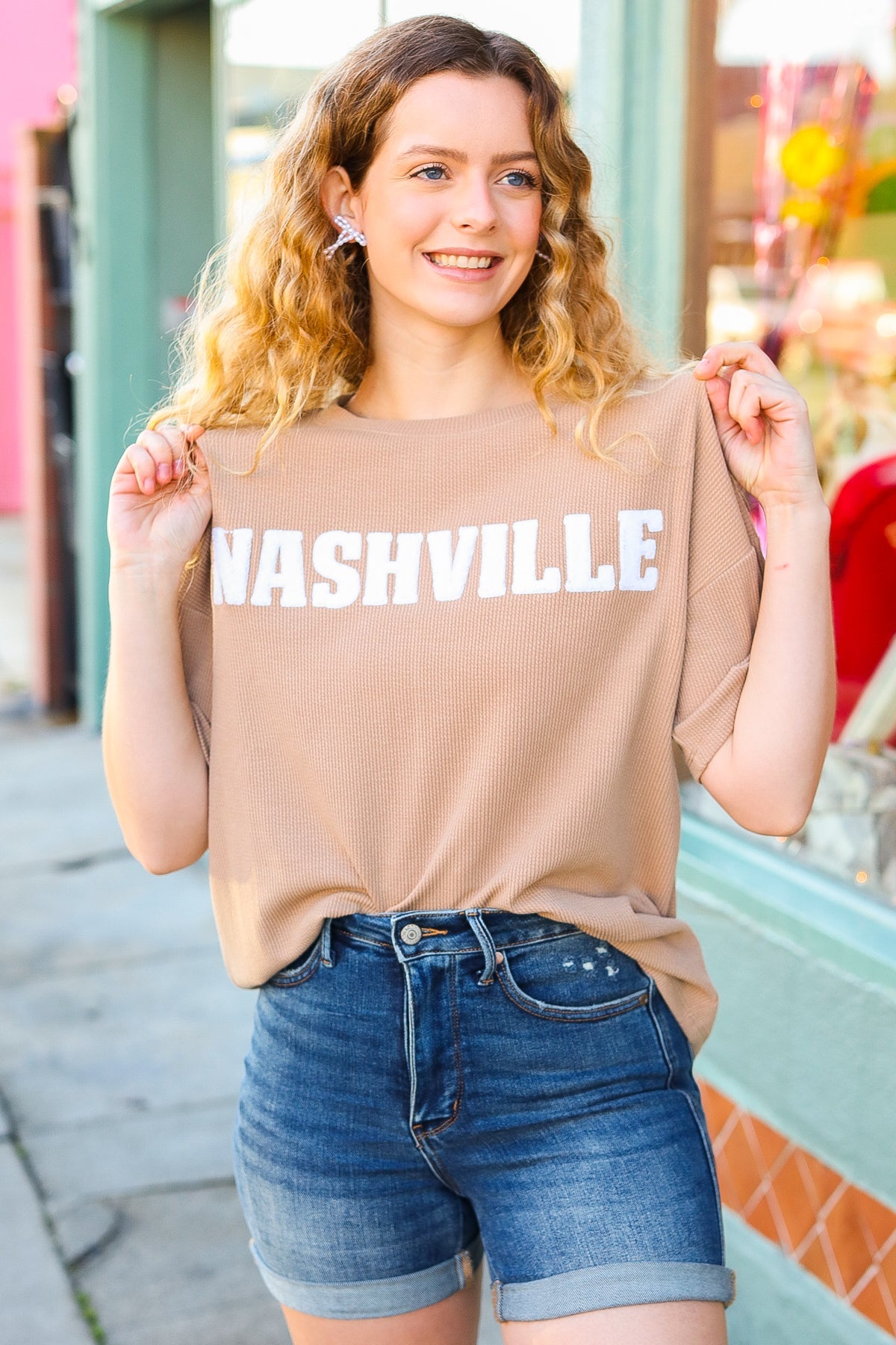 Taupe Pop-Up Embroidered "NASHVILLE" Ribbed Top
