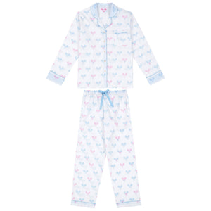 Women's Tennis Bows Long PJ Set - Blue Pink Organic Cotton Poplin
