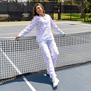 Women's Tennis Bows Long PJ Set - Blue Pink Organic Cotton Poplin