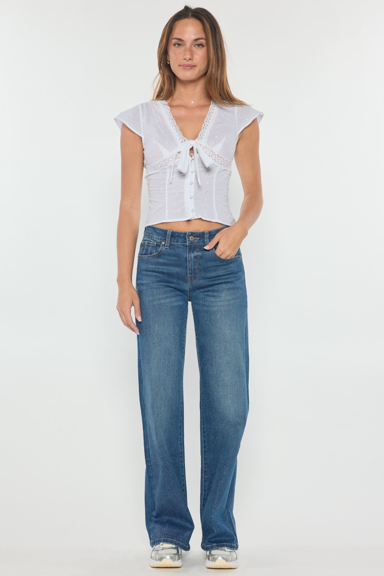 High Rise Wide Leg Jeans with Silver Glitter Effect