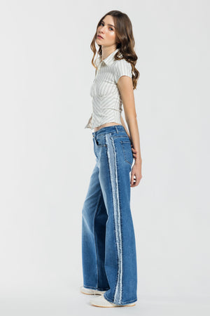 Mid Waist Relaxed Wide Leg Jeans with Side Contrast Detail