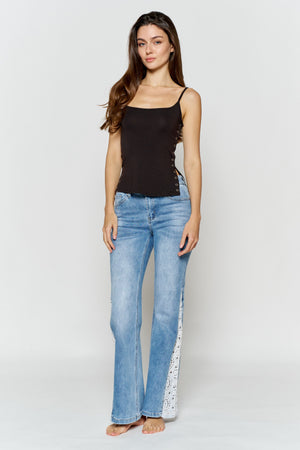 High Rise Wide Leg Jeans with Side Lace Crochet Detail