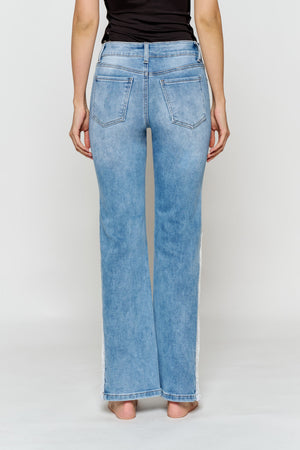 High Rise Wide Leg Jeans with Side Lace Crochet Detail