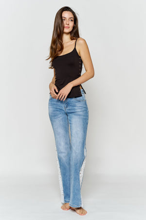 High Rise Wide Leg Jeans with Side Lace Crochet Detail