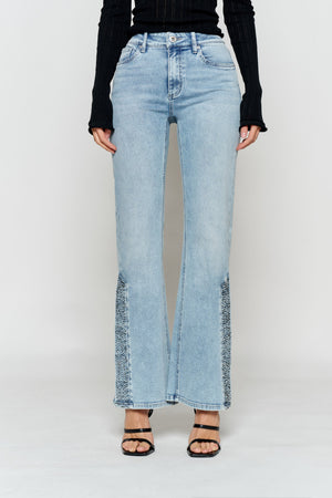 High Rise Slim Wide-Leg Jeans with Side Slit Rhinestone Detail