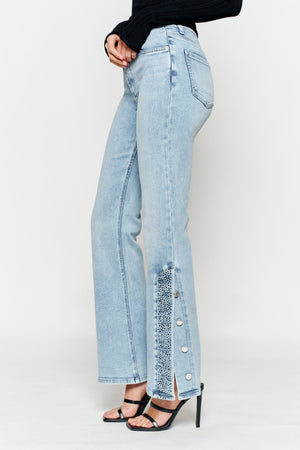 High Rise Slim Wide-Leg Jeans with Side Slit Rhinestone Detail