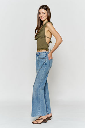 High Rise Wide Leg Jeans with Curved Seam and Rhinestone Details