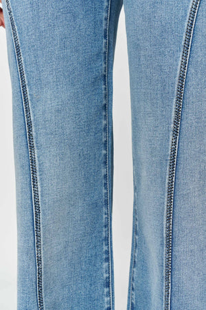 High Rise Wide Leg Jeans with Curved Seam and Rhinestone Details