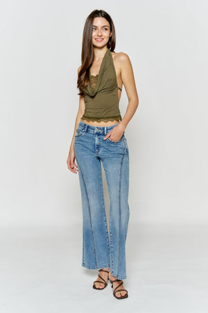 High Rise Wide Leg Jeans with Curved Seam and Rhinestone Details