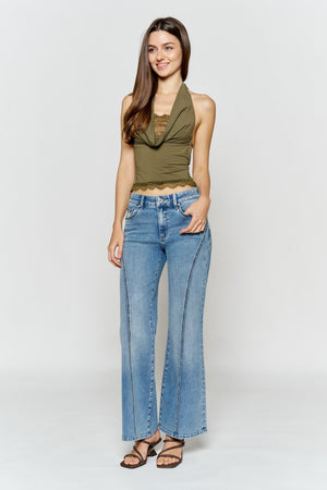 High Rise Wide Leg Jeans with Curved Seam and Rhinestone Details