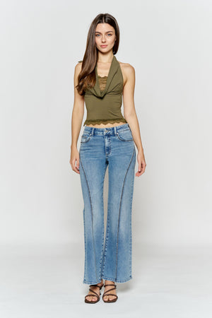 High Rise Wide Leg Jeans with Curved Seam and Rhinestone Details