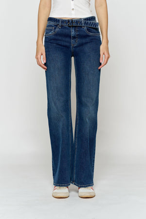 High Rise Belted Wide Leg Jeans with Buckle Closure