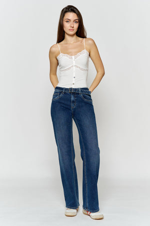 High Rise Belted Wide Leg Jeans with Buckle Closure