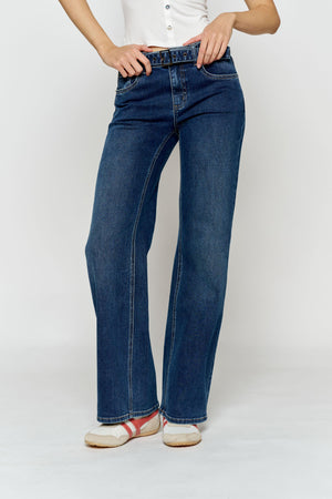 High Rise Belted Wide Leg Jeans with Buckle Closure