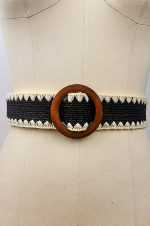 Whipstitch Raffia Belt with Wooden Round Buckle Leto Collection