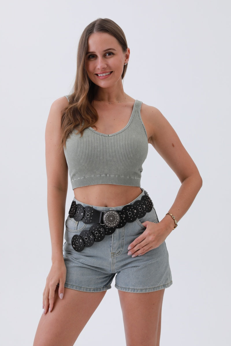 Edgy Hollow-Out Belt – Vintage Patchwork & Punk Studs⛓️✨