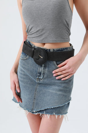 Artisan Raffia Elastic Belt with Crescent Moon Buckle Leto Collection