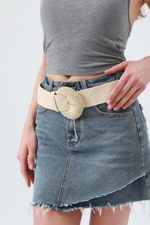 Artisan Raffia Elastic Belt with Crescent Moon Buckle Leto Collection