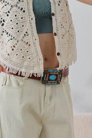 Turquoise Trail: Western Style Ethnic Embellished Leather Belt - leto-collection