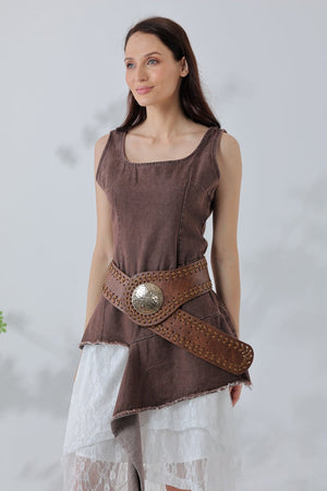 Artisan Soul: Boho Whipstitch Wide Leather Belt with Hammered Gold Buckle Leto Collection