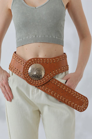 Artisan Soul: Boho Whipstitch Wide Leather Belt with Hammered Gold Buckle Leto Collection