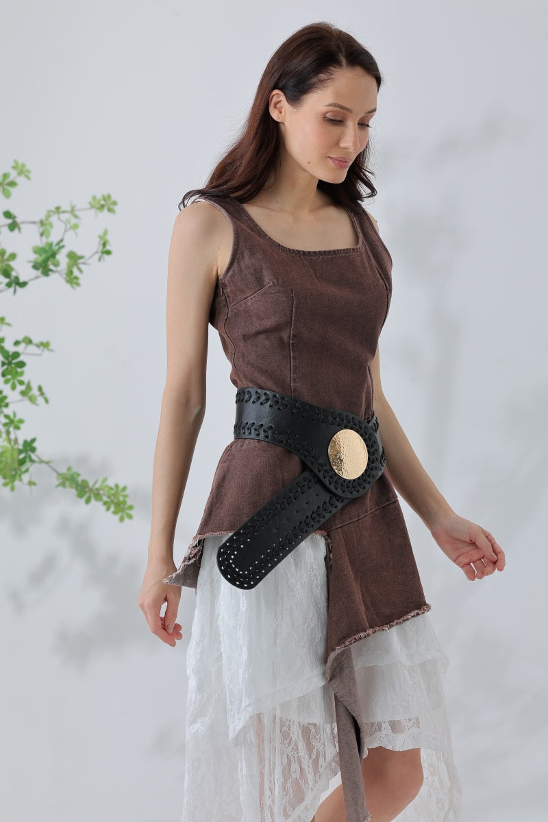 Artisan Soul: Boho Whipstitch Wide Leather Belt with Hammered Gold Buckle