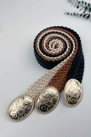 Golden Nomad: Bohemian Woven Wide Belt with Gold Engraved Medallion Leto Collection