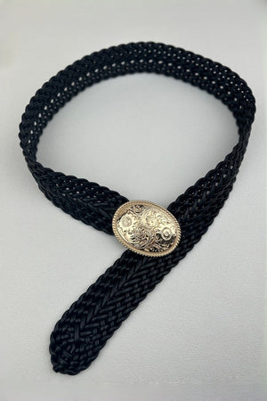 Golden Nomad: Bohemian Woven Wide Belt with Gold Engraved Medallion Leto Collection
