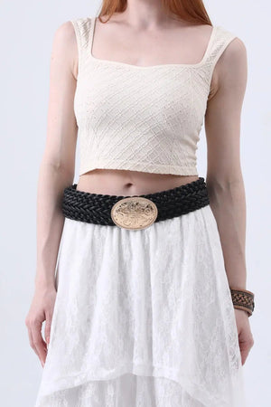 Golden Nomad: Bohemian Woven Wide Belt with Gold Engraved Medallion Leto Collection