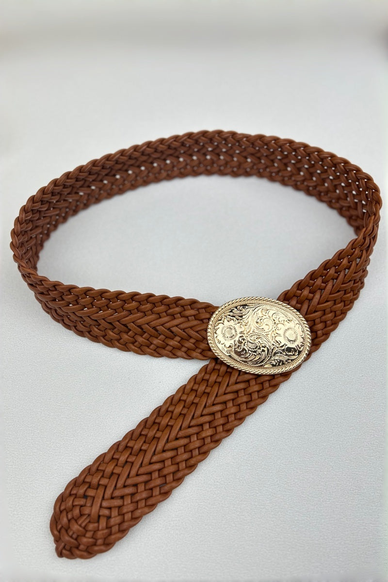Golden Nomad: Bohemian Woven Wide Belt with Gold Engraved Medallion Leto Collection