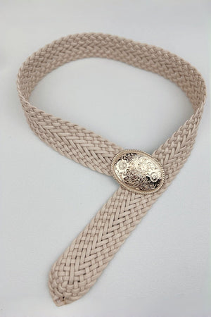 Golden Nomad: Bohemian Woven Wide Belt with Gold Engraved Medallion Leto Collection