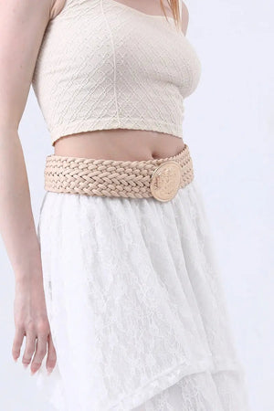 Golden Nomad: Bohemian Woven Wide Belt with Gold Engraved Medallion Leto Collection
