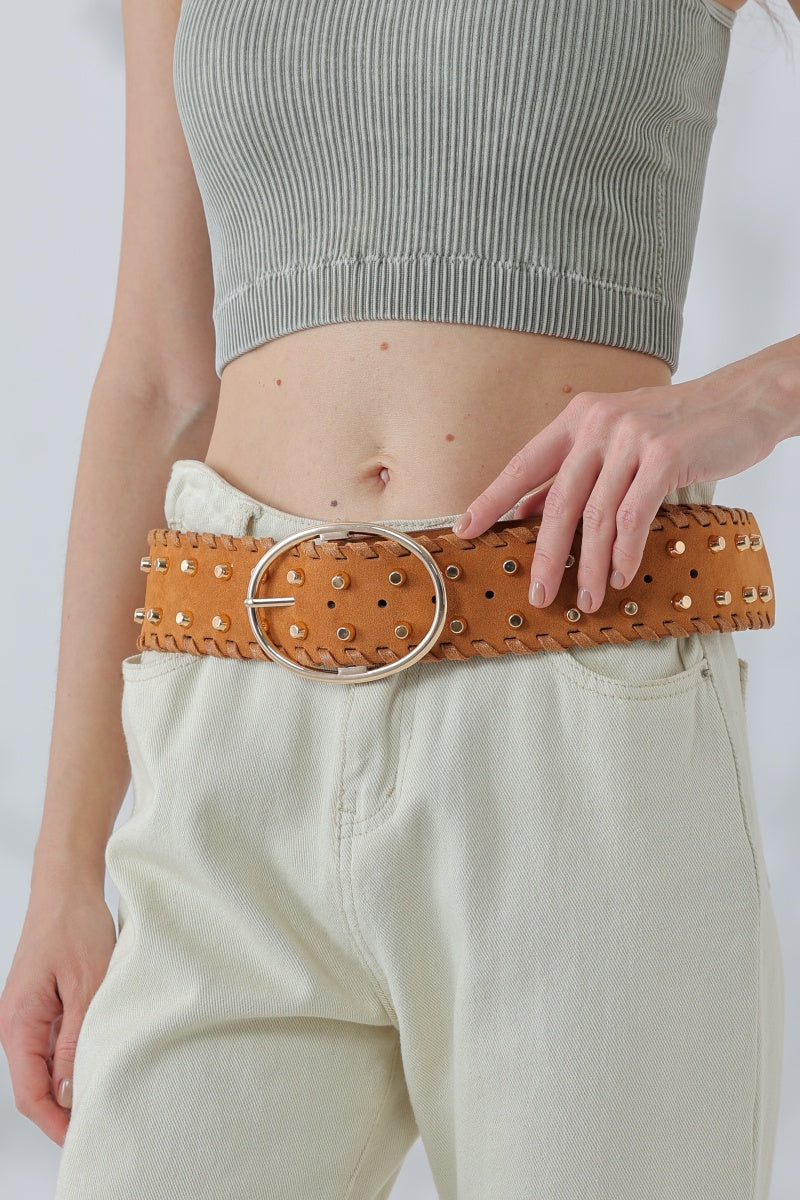 Desert Gold: Gold Studded Faux Suede Wide Belt