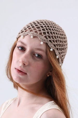 Boho Sequin Pearl Tassel Crochet Beanie – Lightweight Hollow Knit Hat