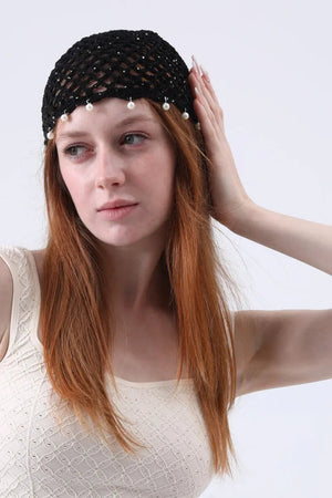 Boho Sequin Pearl Tassel Crochet Beanie – Lightweight Hollow Knit Hat