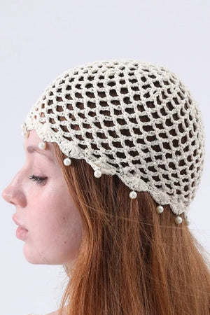 Boho Sequin Pearl Tassel Crochet Beanie – Lightweight Hollow Knit Hat