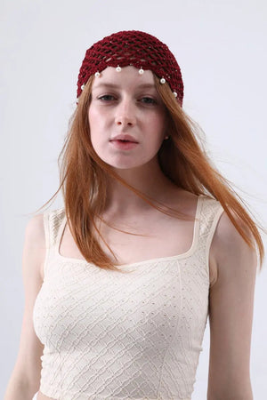 Boho Sequin Pearl Tassel Crochet Beanie – Lightweight Hollow Knit Hat