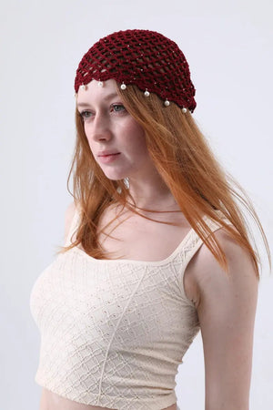 Boho Sequin Pearl Tassel Crochet Beanie – Lightweight Hollow Knit Hat