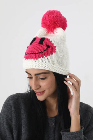 Handmade Smiley Pom Pom Knit Winter Beanie For Women ☃️😊 Leto Collection
