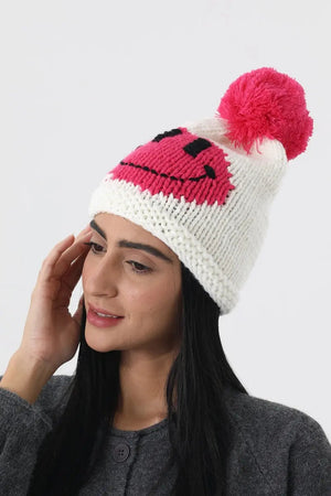 Handmade Smiley Pom Pom Knit Winter Beanie For Women ☃️😊 Leto Collection