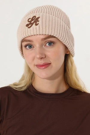 Women LA Embroidery Ribbed Knit Cuff Beanie Winter Hat 🧶❄️ Leto Collection