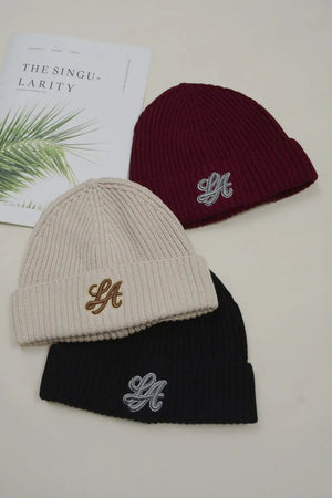 Women LA Embroidery Ribbed Knit Cuff Beanie Winter Hat 🧶❄️ Leto Collection