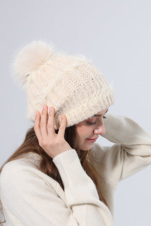 Women Fluffy Knit Beanie With Faux Fur Pom Pom Winter Hat Leto Collection
