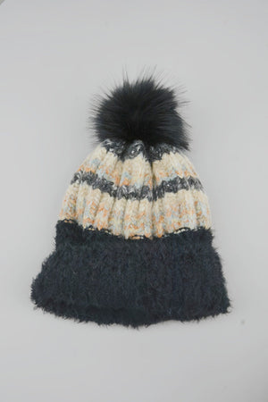 Women Color Mix Knit Beanie With Faux Fur Pom Pom Winter Hat Leto Collection