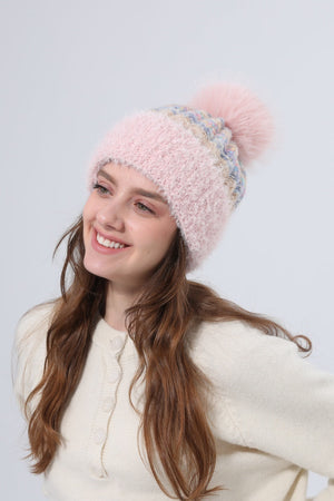 Women Color Mix Knit Beanie With Faux Fur Pom Pom Winter Hat Leto Collection